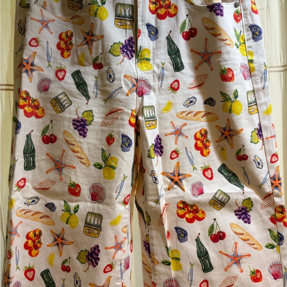 Oat New York-White Patterned Wide-Leg Pants with Colorful Fruit & Sea Motifs - Picture 4 of 4